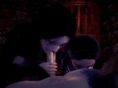 Morticia and Wednesday: Threesome blowjob & lickying