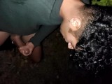Outdoor jerk off after evening running ends up with rubbing thick cum on own cock