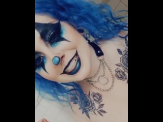 Blue Haired Goth Clown Girl with Big Natural Pierced Tits Takes off her Halloween Costume