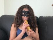 Preview 2 of Sexy latina teen sucks cock topless (banana play)