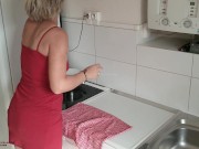Preview 2 of 100% Amateur Over 45 Milf Spreads Her Legs For Step Son In Kitchen