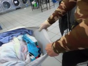 Preview 2 of Sister in law in see through army shirt doing laundry