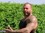 Preview 6 of Men - Muscular Tattooed Man Markus Kage Fucks The Gardener Benjamin Blue Hard In The Yard