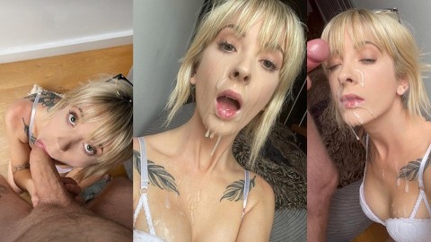 British Cumslut gets her BIGGEST FACIAL ever