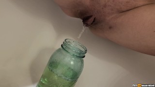 Girl Pees in a Mason Jar & Almost Fills it up!
