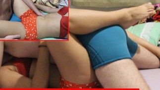 Dry humping in missionary position and spread legs, cumming in pants.