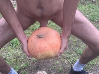 outdoor amateur, big dick, handjob, dick in pumpkin