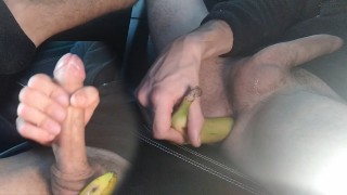 Large Cock Man Trains His Anus With A Tiny Toy In His Car Then Inserts Half A Banana Because He Likes It And Cums
