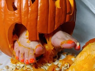 solo female, fetish, feet, halloween pumpkin