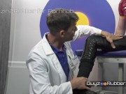 Preview 4 of Rubber Fetish Doc wins over his patient. Jerking,fucking,milking,cock massage by rubber covered feet