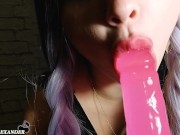 Preview 1 of Girl in Mesh Bodystockings Sucking and Masturbate Pussy Dildo - Closeup