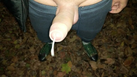 Autumn garden cumshot - Throbbing cock cums on dry leaves