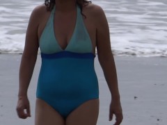 58-year-old Latina off on the beach before fucking a male with a huge cock