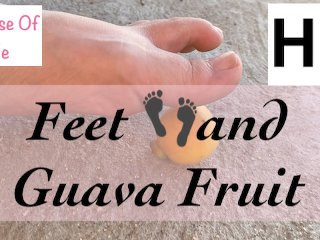 woman, smooshing fruit, guava, step on