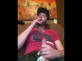solo male, vertical video, cum in condom, smoking