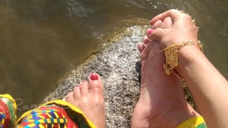 Indian yong Desi girl worships her Tired Feet in mountain River - RandiSEXinMumbai 