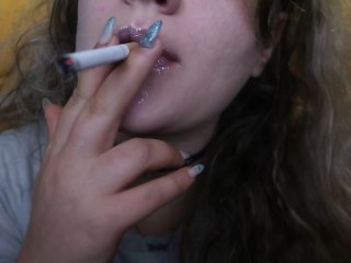 Pretty woman with painted lips SMOKES a CIGARETTE for you while SUCKING your DICK CLOSEUP
