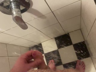 Fat guy with a small cock jerking in the shower and cumshot on a water tap
