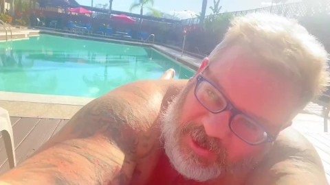Daddy ejaculates at the Country club pool under his lounge chair while people were around him 