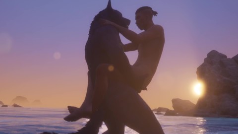 Gay Wolf y hombre hacen Love junto a la playa / Wild Life Furries