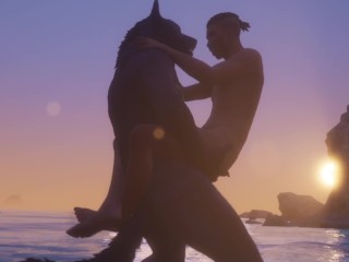 Lobo Gay e Homem Fazem Amor Na Praia / Furries Na Vida Livre