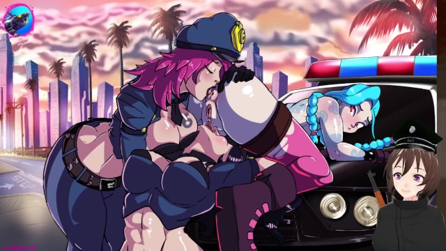 Vi Jinx e Caitlyn tendo uma orgia pública lésbica