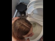 Preview 1 of Thirsty For Piss, Redhead Laps Up Streaming Piss with Tongue On Knees by Toilet