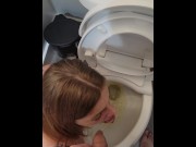 Preview 4 of Thirsty For Piss, Redhead Laps Up Streaming Piss with Tongue On Knees by Toilet