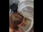 Preview 5 of Thirsty For Piss, Redhead Laps Up Streaming Piss with Tongue On Knees by Toilet