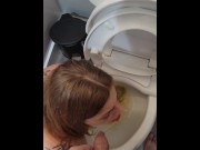 Preview 6 of Thirsty For Piss, Redhead Laps Up Streaming Piss with Tongue On Knees by Toilet