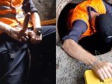 The plumber in the manhole masturbates to the found sexy pictures of his boss