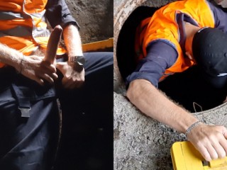 De Loodgieter in De Manhole Masturbeert Op De Gevonden Sexy Foto's Van Zijn Baas