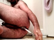 Preview 3 of EXTREME toilet brush ass fuck: horny bear fucks own hungry hole with toilet brush all the way in