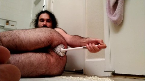 EXTREME toilet brush ass fuck: horny bear fucks own hungry hole with toilet brush all the way in