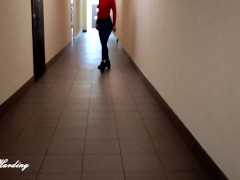 Alice walks down the office corridor in jeans with a hole in her pussy without panties