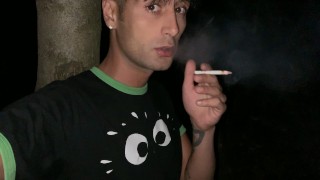 Smoking cigarette while jerking and cumming outside