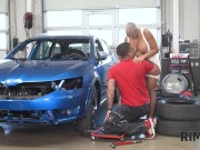 Preview 3 of RIM4K. Busty hottie with bald hair worships mechanics ass in garage
