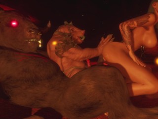 Demon Pig Beast & Big Minotaur Spelen Ruw Met Alissa (wat Plassen En Pis) / Wild Leven Furries