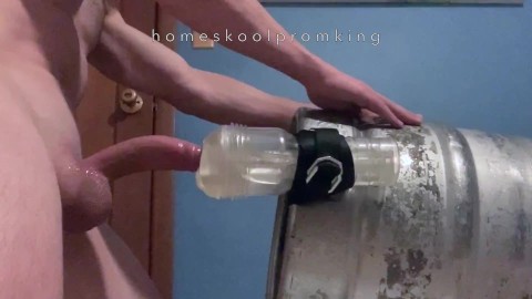 Huge load in Fleshlight mounted to a keg for amazing sensation