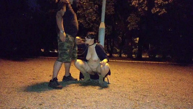 Покорная шлюшка принимает мочу в рот в общественном парке