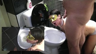 Wife sucks dick while I pee on the toilet