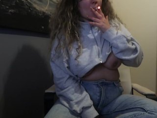 smoking girl, chubby, solo female, curly hair