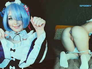 Maid Girl Rem from re zero is Missing  and Plays Double Dildo - Cosplay Spooky Boogie