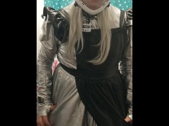 Silver PVC Sissy Maid Eva Helmet Timer Lock RingGag Breathplay Kigurumi