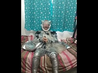 Silver PVC Sissy Maid EvaHelmet Timer Lock RingGag_Breathplay Kigurumi