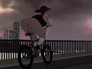痴女の女の子は公共のアニメーションループで自転車でディルドに乗る