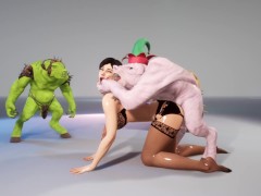 Girl in lingerie gets fucked by 4 Orcs 3D