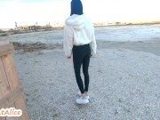 Preview 1 of Beautiful Babe Walking in Leggings and then Naked on the Beach in Winter/ Public Risky/Outdoor/4K
