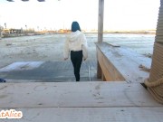 Preview 2 of Beautiful Babe Walking in Leggings and then Naked on the Beach in Winter/ Public Risky/Outdoor/4K