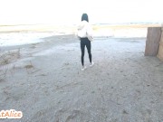 Preview 3 of Beautiful Babe Walking in Leggings and then Naked on the Beach in Winter/ Public Risky/Outdoor/4K